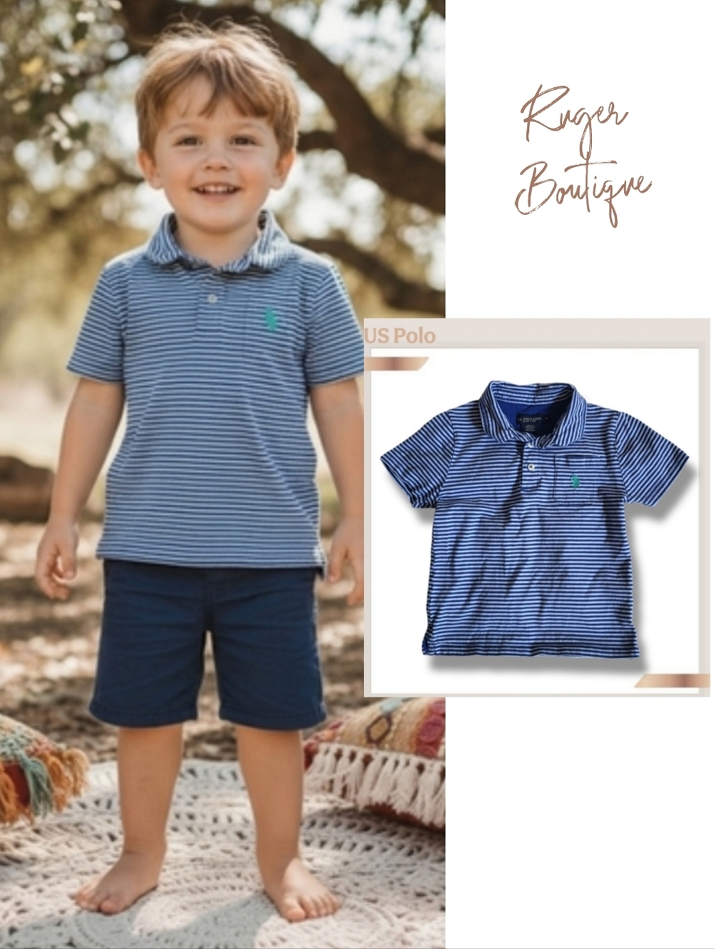 🌿US Polo Association Boys 5T Cotton Blue White Striped Polo Short Sleeve